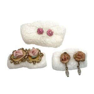 Vintage Set of 3 Gold-Tone Porcelain Rose Pierced Earrings W/ Elegant Detailing